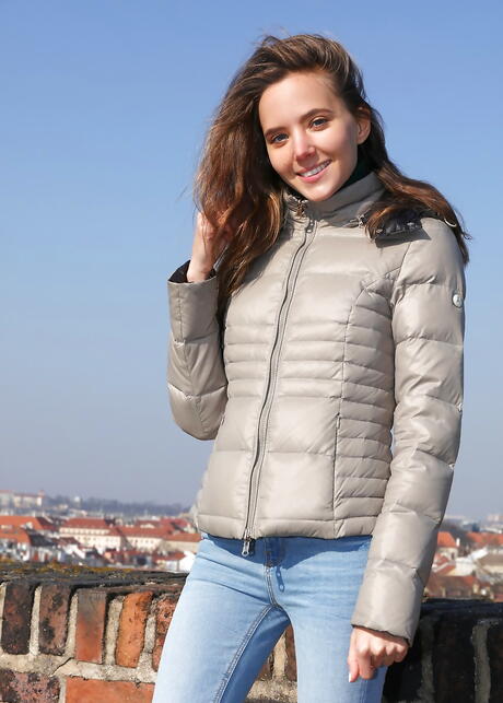 Charming cutie Katya Clover in tight jeans exhibits big boobs and hot ass outdoor